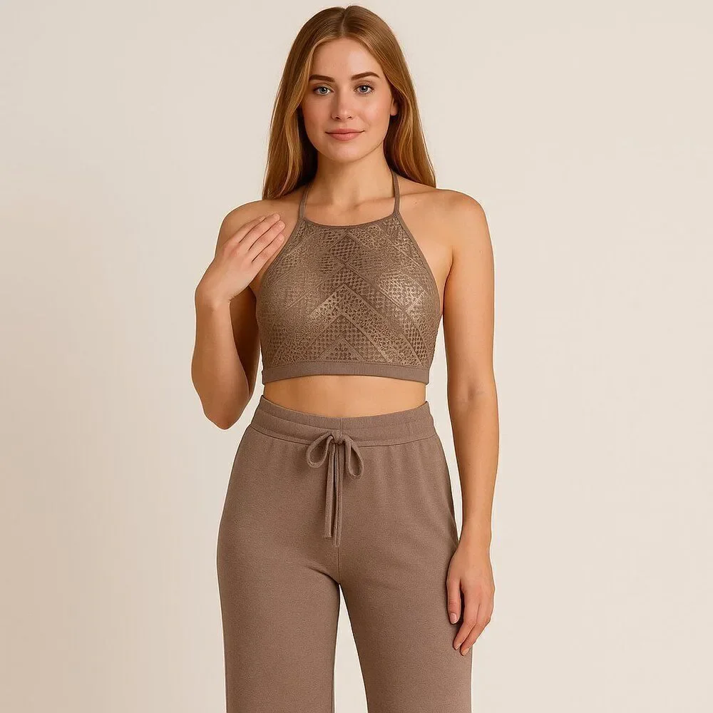 Like New Free People Taupe High Neck Crop Top & Talulah Lounge Pants 2-Piece Set
